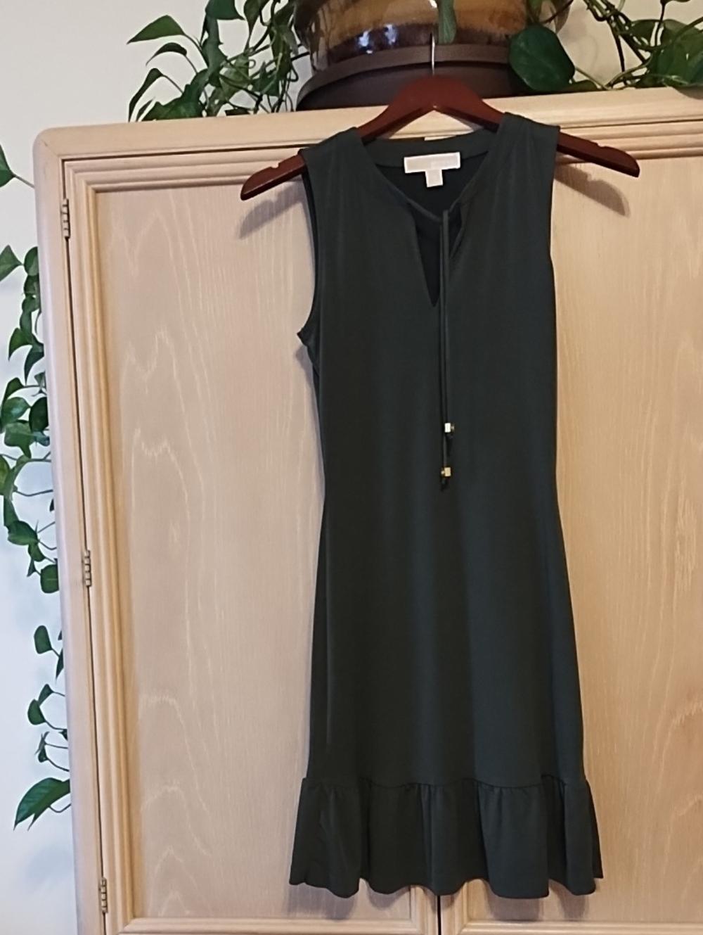 Michael Kors Sleeveless Dark Green Tie-Neck Ruffle Hem Mini Dress